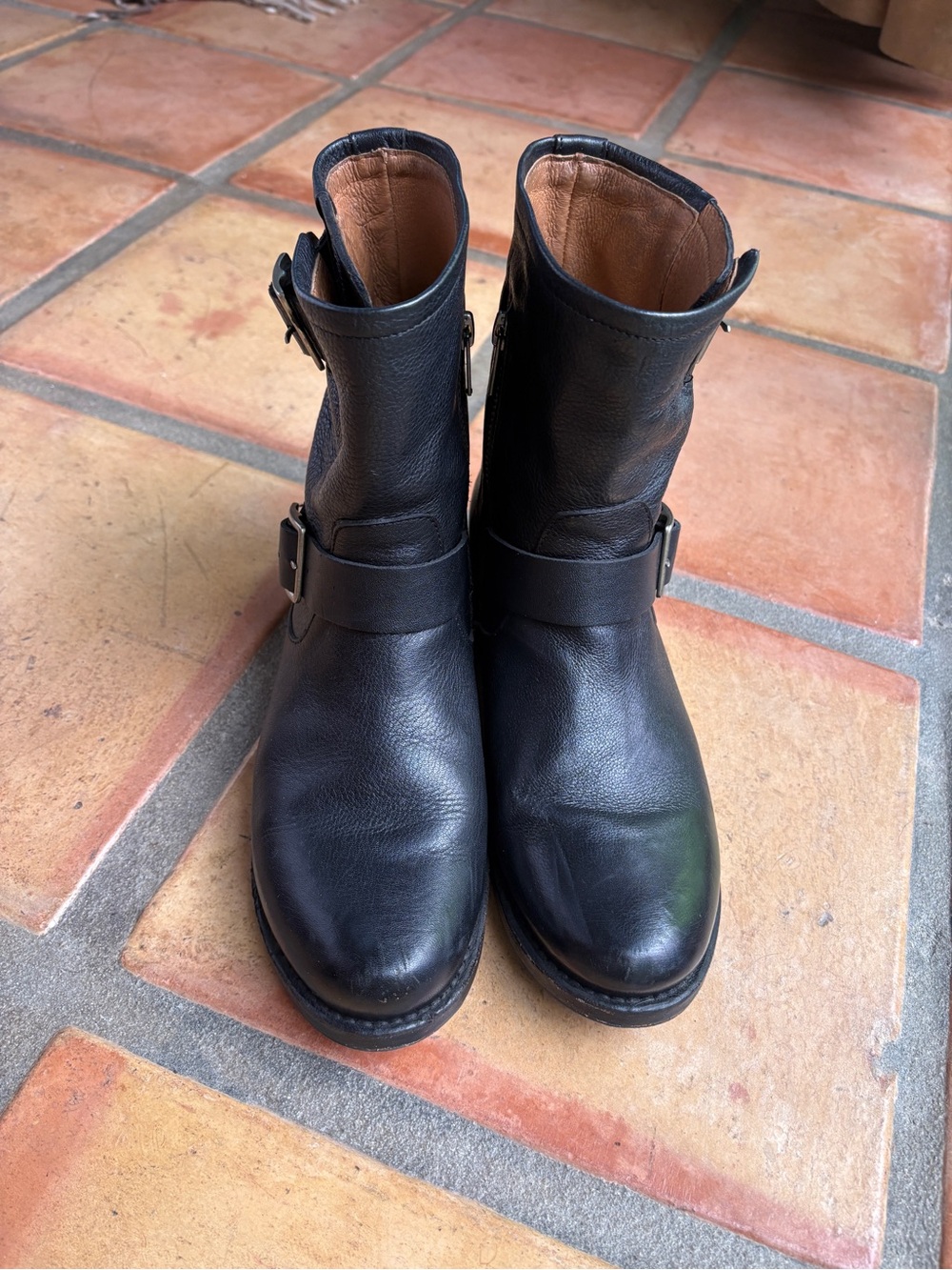 Frye Black Leather Double-Buckle Moto Boots, Size 8 - Picture 4 of 9